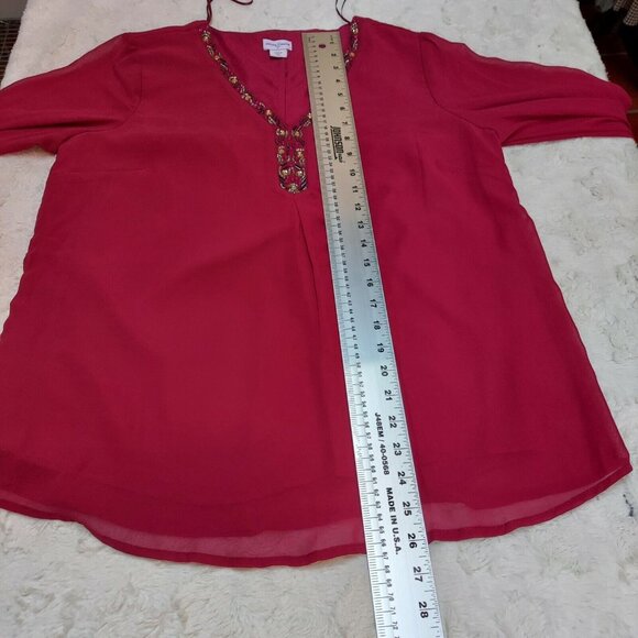 Jaclyn Smith Beaded Embellished Chiffon Top Blouse Medium Long Sleeve Maroon - Picture 5 of 6
